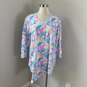 Fresh Produce Womens XL Asymmetrical Tunic Top V Neck Floral Pocket Shirt